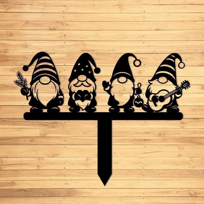 Magilab Personalized Iron Yard Stake - Christmas Cute Gnome Dwarves Decor, 8-Inch Black Metal Garden Sign for Outdoor (Style R)