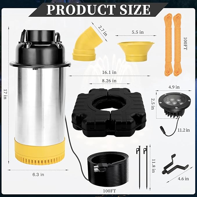 Pond Fountain Aerator with Lights Burnvale BU-F5, 2 RGB LED 1HP 15000 GPH Floating Aerating Fountain with Timer, 100FT Power Cord and Rope Aerator Water Pump, for Large Outdoor Ponds Lakes and Pool