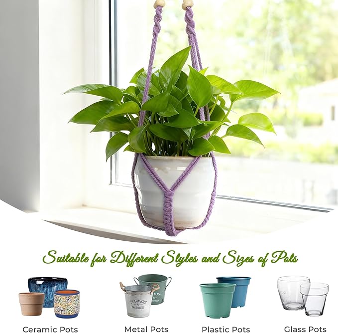 EJGIEGSO Macrame Plant Hanger, Up to 4-15 inch Pots, Wood Beads Cotton Hanging Planter Holder for Indoor Outdoor Boho Home Decor, 35 Inch, Set of 2 (Purple)