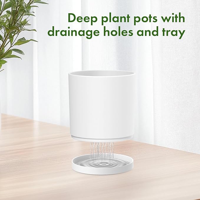 Meowell 10/8/6 inch Deep Flower Pots, 3 Pack Cylinder Tall Plant Pots for Outdoor Indoor Plants, Large Decorative Plastic Planters with Drainage Holes and Saucers for Garden House Plants, White