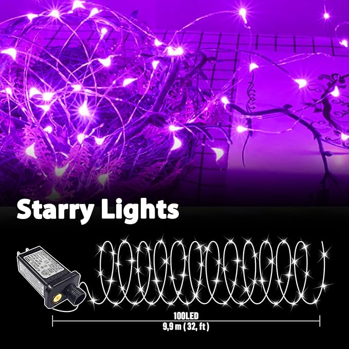 LAMPHOME Halloween Fairy Lights Plug in, 33Ft 100 LEDs Waterproof Twinkle Firefly Lights, Adaptor Included, Starry String Lights for Wedding Indoor Outdoor Christmas Patio Garden, Purple