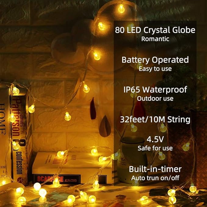 Metaku Globe Fairy Lights Battery Operated 33ft 80LED String Lights with Remote Waterproof Indoor Outdoor Hanging Decorative Christmas Lights for Home Party Patio Garden Wedding