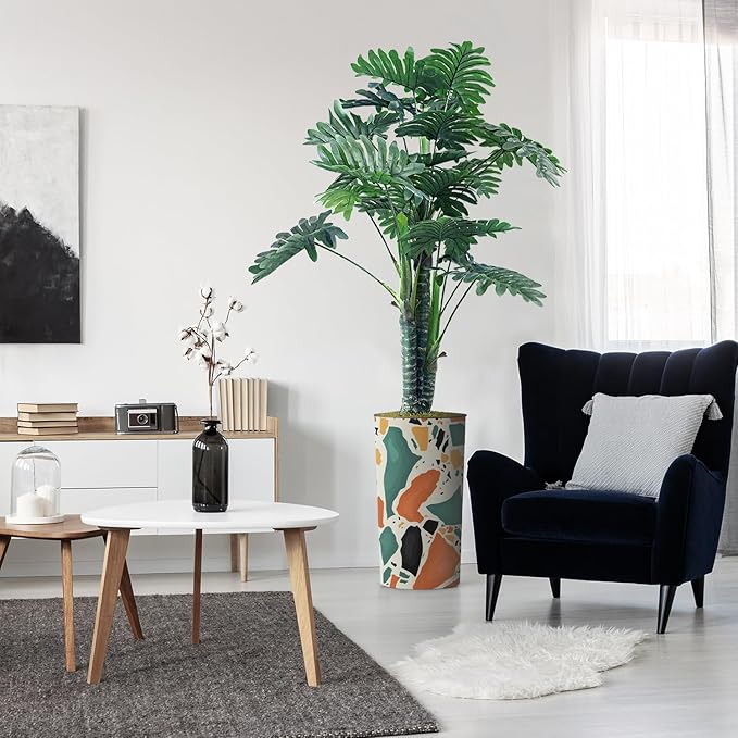 Artificial Tree in Modern Geometric Pattern Planter, Fake Philodendron Tree Silk Tree for Indoor and Outdoor Home Decoration - 70" Overall Tall (Plant Pot Plus Tree)