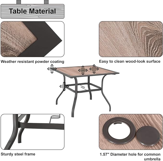 Sophia & William Square Patio Dining Table with 1.57" Umbrella Hole, Outdoor Table with Imitation Wood Tabletop and Brown Metal Steel Frame, for Lawn Garden Backyard, L37 X W37 X H28