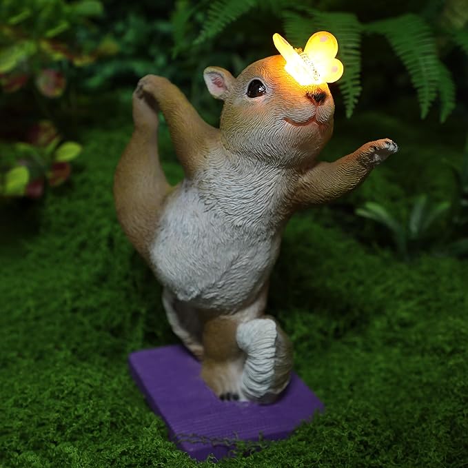 Solar Light Garden Statue Squirrel Figurine, Resin Squirrel Doing Yoga with Lighted Butterfly, Waterproof Spring Outdoor Ornaments for Garden, Front Door, Patio Decor & Gifts for Mother's Day