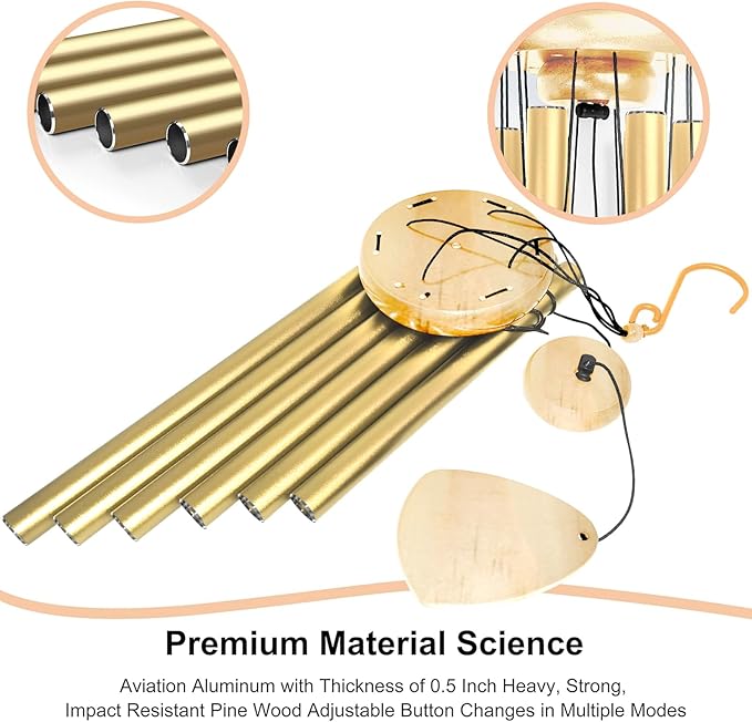 Bursvik Large Aluminium Wind Chimes 37 Inches to Create a Zen Atmosphere Suitable for Outdoor, Garden, Patio Decoration. Classic Wind Chimes with Wind Catcher as a Gift for Unisex(Light Golden)