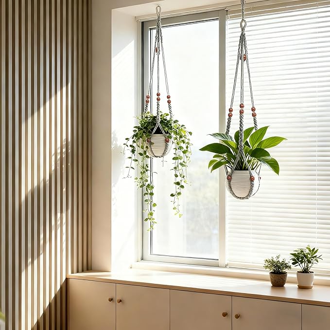 HOREAKHJ 35 Inch Macrame Plant Hanger, Large for up to 15 Inch Pot Extra Long Hanging Planter Holder Basket with Wood Beads for Indoor Outdoor Home Decor (Grey, 1-Pack)