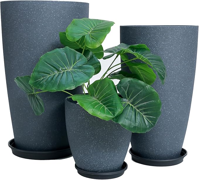 MinCHI257 24/21/11 Inch Tall Planter Pots Garden Plastic Planters - Set of 3 for Indoor & Outdoor Use - Decorative Lightweight Flower Pots (Dark Grey)