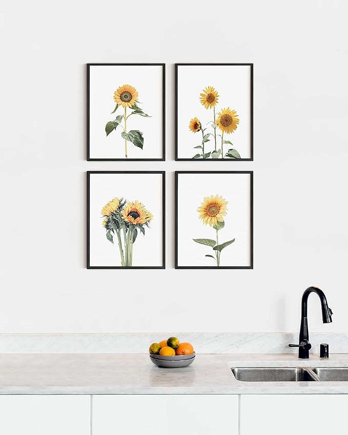 HAUS AND HUES Sunflower Wall Decor and Posters - Set of 4, Bedroom Decor, Sunflower Paintings, Yellow Kitchen Wall Art (16x20, Black Frame)