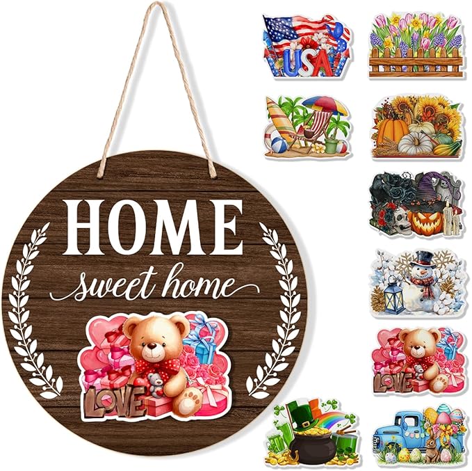 Interchangeable Welcome Sign Valentine's Day Front Porch Decor, Rustic Round Wood Wreath Door Decoration, Home Sweet Home Sign for Spring Summer Fall Winter All Seasons Holiday, Dark Brown