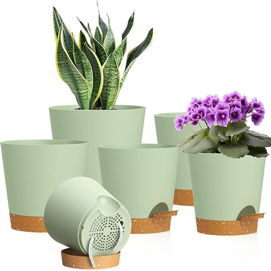 WSMKSZ 7/6.5/6/5.5/5/4 inch Self Watering Pots for Indoor Outdoor Plants, 6 Pack Plastic Flower Planters with Drainage Holes and Removable Saucers, Plant Pots with Wicking Rope, Green Brown