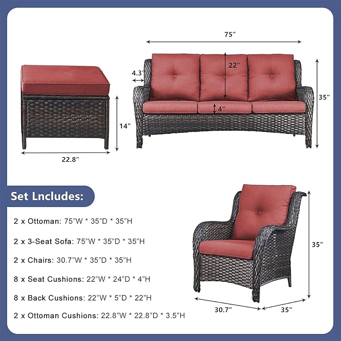 Rilyson Wicker Patio Furniture Sofa Set - 6 Piece Rattan Outdoor Patio Sectional Conversation Sets with 2 Sofa,2 Armrest Chairs and 2 Ottomans for Porch Deck Garden(Brown/Red)