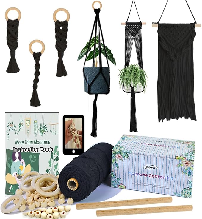 Ewparts Macrame Kit for Adults Beginner DIY Craft Kits with Step by Step Instruction Book,3mm Macrame Cord Black,Wooden Beads, Wood Rings to Make Plant Hanger, Boho Wall Hanging Decor, Book Marks