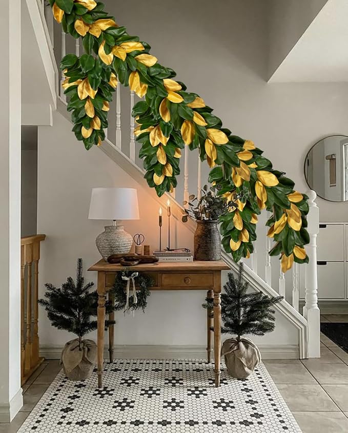 Christmas Gold Leaf Holiday Teardrop Swag – 27" Artificial Magnolia Greenery Hanging Decoration – Elegant Front Door & Fireplace Décor for Christmas Thanksgiving