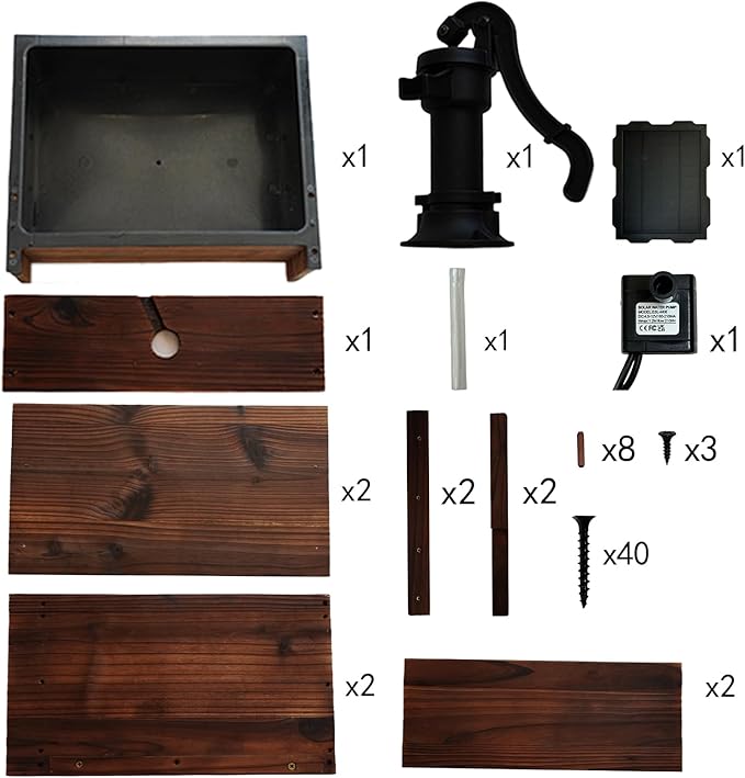 Outdoor Water Fountain，Floor Wooden Rectangular Double-Layer Old-Fashioned Pump Fountain with Flower Box，Solar-Powered Electric Decorative Hand Pump，Outdoor Water Feature for Garden Patio Backyard