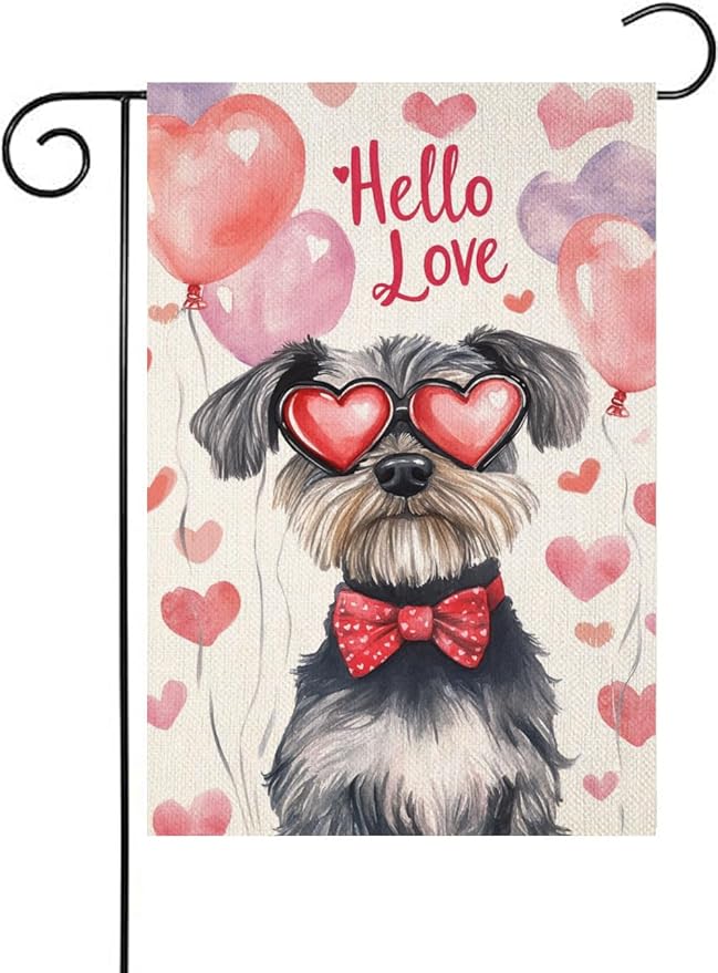 Valentine's Day Schnauzer Hello Love Garden Flag, House Yard Plaid Love Heart Outside Decoration, Spring Holiday Wedding Anniversary Outdoor Small Decor 12x18(12619)