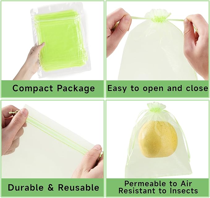 100PCS Fruit Protection Bags with Drawstring, 6x8 Inch Green Organza Produce Bags for Fruit Trees, Mesh Netting for Garden Protection