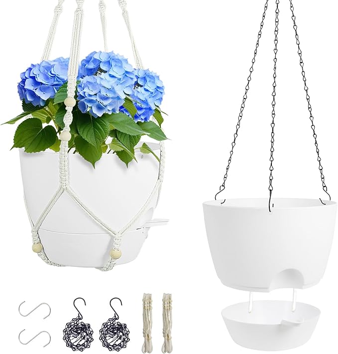 Meowell 10 inch Self Watering Hanging Planters, 2 Pack Hanging Flower Pots for Indoor Outdoor Plants, Hanging Baskets with Drainage Holes & 2 Kinds of Plant Hangers for Garden Home Decor, White