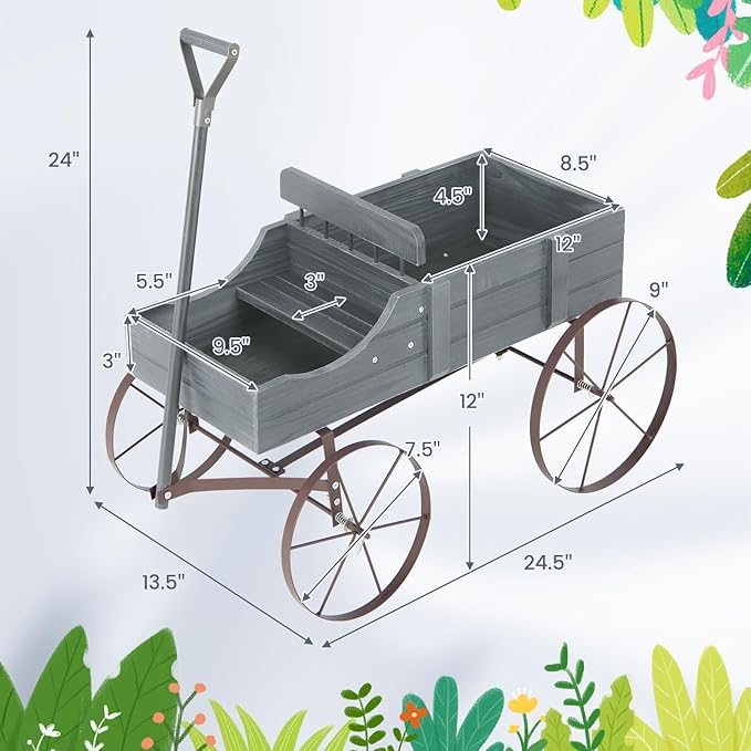 Goplus Wagon Planter, Decorative Wooden Garden Planter with Wheels, 2 Planting Sections and Adjustable Handle, Indoor Outdoor Backyard Balcony Decor (Gray)