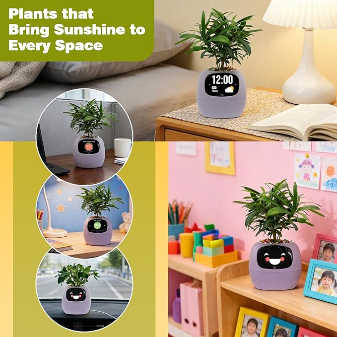 Plantsio AI Smart Pot for Plants with App Control, Self-Watering, Visual Display & 80ml Reservoir, Digital Plant Pot Supports 100+ Plants, Pomodoro Timer, Clock & Calendar,Desk & Office Planter-Purple