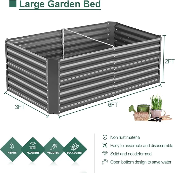 Land Guard 2 Pack 6×3×2 ft Galvanized Metal Raised Garden Bed, 2FT Deep Root Elevated Planter Box Steel Large Vegetable Flower Bed Kit, Gray