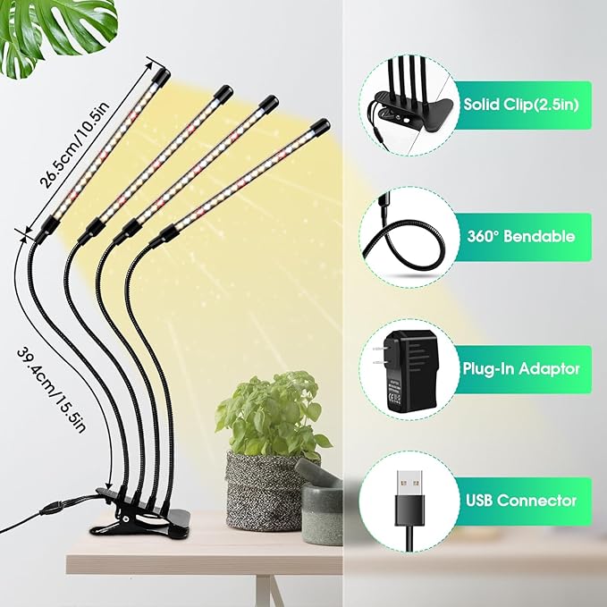 Wolezek Grow Lights for Indoor Plants, 2 Pack 80 LED Full Spectrum Grow Light with Clip, Plant Light with 5000K/3000K/660nm LED Chips, Auto Timer 6/12/16H, Grow Lamp for Seed Starting, Winter Growth