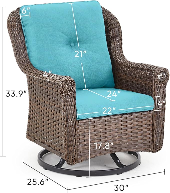 Patio Chairs Outdoor Swivel Glider - Set of 4 High Back Outside Brown Wicker Rattan Rocking Chair with Thick Cushion for Porch Apartment Deck Yard Poolside Garden - Turquoise