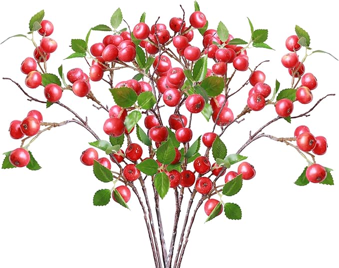 Forlaoers Realistic 8Pcs 21.6 Inch Red Berry Artificial Flowers Faux Berries Fruit Branches for Kitchen Table Decor Dining Room Party Home Centerpieces Christmas Vase Fillers Farmhouse