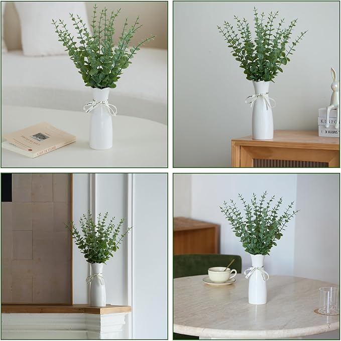 Grecezvk Faux Plants Indoor - Artificial Eucalyptus Stems in White Vase, Small Fake Greenery for Farmhouse Home Decor, Bathroom, Office, Classroom & Kitchen (Sage Green)