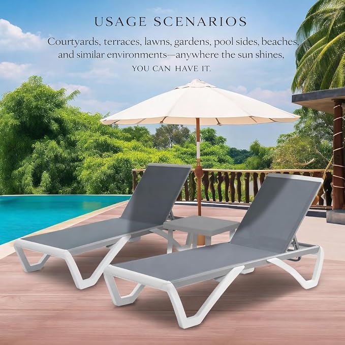 Kozyard Outdoor Chaise Lounge Chair, Full Flat Adjustable Patio Lounger with Aluminum Frame & Resin Legs, Textilene Fabric for Poolside, Backyard & Beach (Gray)
