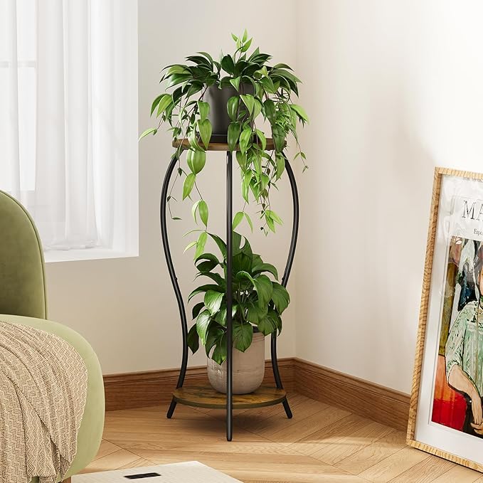 VYUOL Plant Stand Indoor,2 Tier Round Potted Holder Stand,Flower Pot Stand,Plant Supports Rack,Corner Plant Shelf for Planter Garden Balcony Patio Living Room