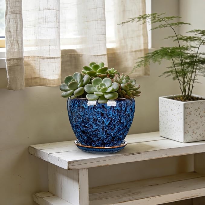 Hollyone 7inch Ceramic Planter Blue Ceramic Plant Pot for Plants Flowers with Drainage Hole and Saucers Ceramic Glaze Round Flower Plant Pot for Indoor Outdoor Medium Round Succulent Orchid Flower Pot