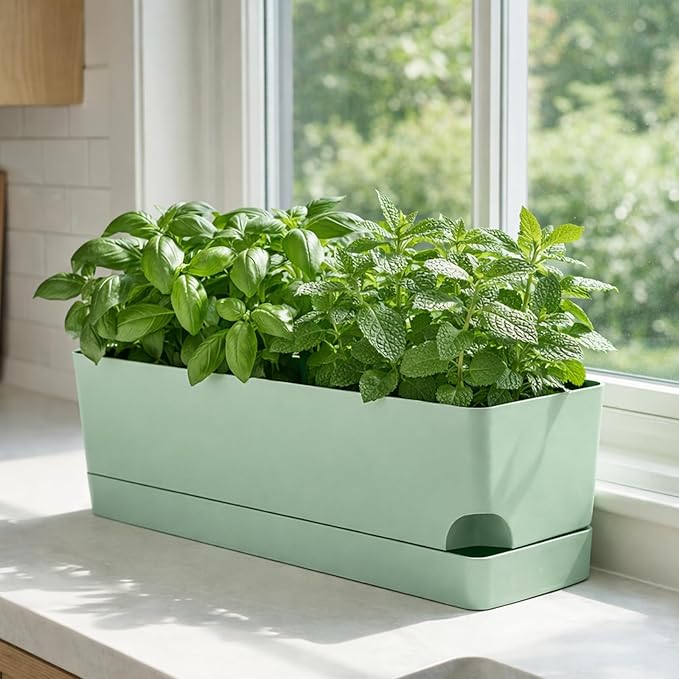 Party Zealot Window Boxes Planters, 5 Pack Self Watering Pots for Indoor Plants 17 Inch Rectangular Planter Rectangle Flower Pots Long Plant Pot Large Window Sill Herb Planter Box, Green