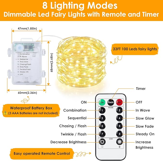 Mlambert 6 Pack 33FT Fairy Lights Battery Operated with Remote and Timer, Dimmable Waterproof 8 Modes Light for Bedroom Dorm Christmas-Warm White