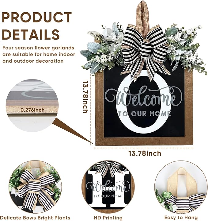 Ultra Large 14'' Last Name All Year Round Front Door Wreath with 26 Initial Letter Welcome Sign All Seasons Eucalyptus Garland and Bow Wreaths for Front Door Porch Farmhouse Decoration (O)