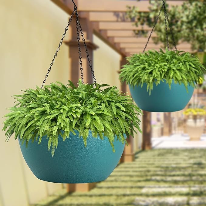 WSMKSZ 13 inch Large Hanging Planters Plant Pots for Outdoor Indoor Plants with Drainage Holes and Chain, 2 Pack Round Hanging Flower Pots for Garden Home Porch Decor, Blue Green