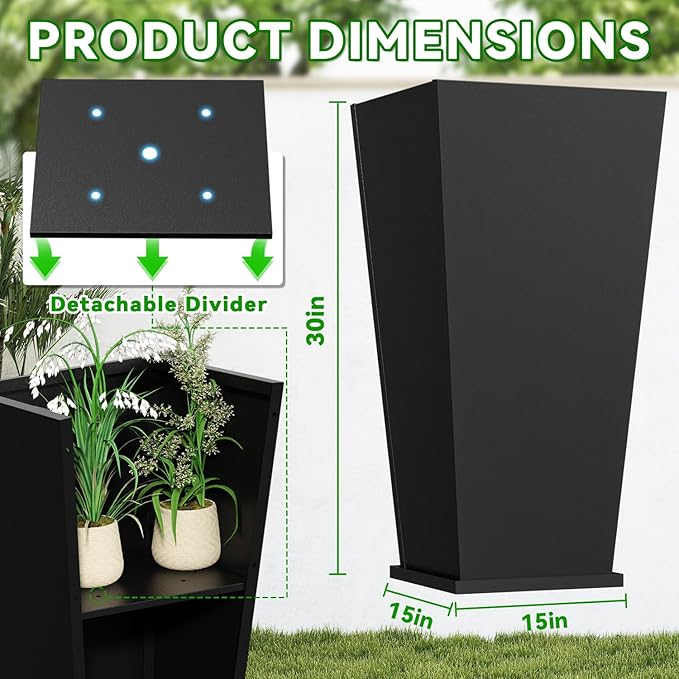 POOAMY Metal Planter 2 Pack, 15L x 15W x 30H, Heavy Duty Tall Planters for Outdoor Plants, Black Planters with Removable Insert Shelf, Large Planters with Drainage Holes for Porch, Patio, Black