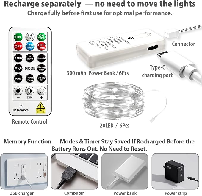 HXWEIYE 6 Pack Rechargeable Fairy Lights Battery Operated with Remote & DIY Timer, 7ft 20LED Mini Twinkle String Light for Mason Jar DIY Wedding Table Centerpieces Party Bedroom Christmas (White)