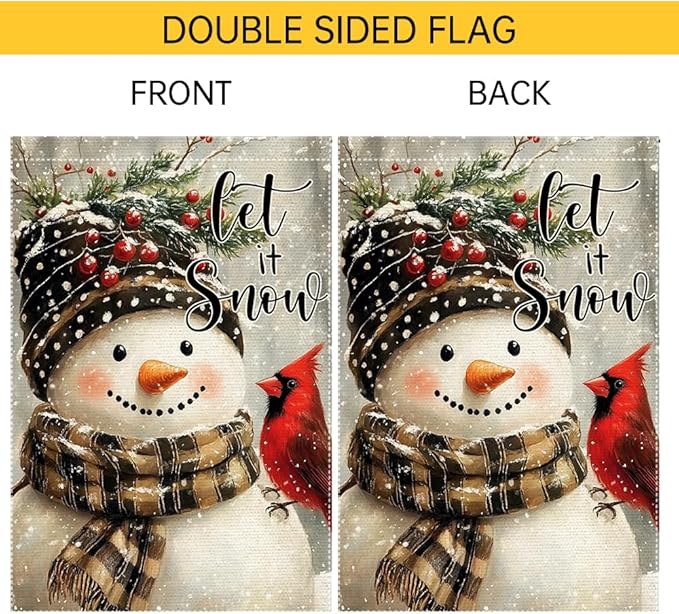 Let It Snow Garden Flag 12x18 Inch Double Sided Burlap Snowman Winter Yard Flag Cardinal Outdoor Holiday Christmas House Banner Small Seasonal Welcome Decoration for Porch Lawn