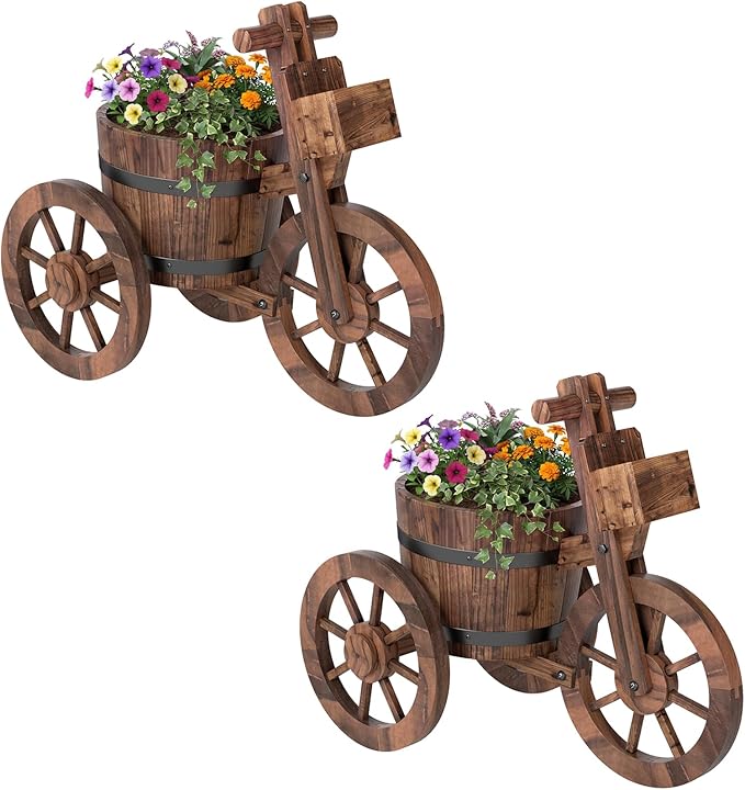 Giantex Wooden Wagon Planter with Wheels Set 2, Rustic Wood Plant Stand with Drainage Hole for Flowers Herbs Vegetables, Indoor Outdoor Decorative Garden Flower Cart for Patio Backyard Balcony