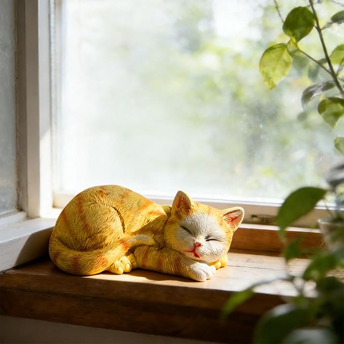 Garden Outdoor Decor Cats Statue, Sleeping Cat Figurines Garden Statues & Sculpture Decor for Patio, Porch and Lawn, Cat Memorial Stone Gifts for Lover and Womens Orange