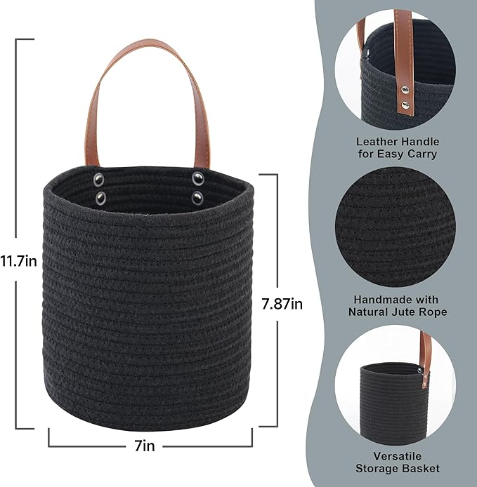 2 Pack Hanging Basket, Small Wall Baskets for Organizing, Wicker Boho Wall Decor Set, Indoor Hanging Plant Holder, Rattan Woven Storage Bin for Home Decor, Farmhouse Storage Box, Black