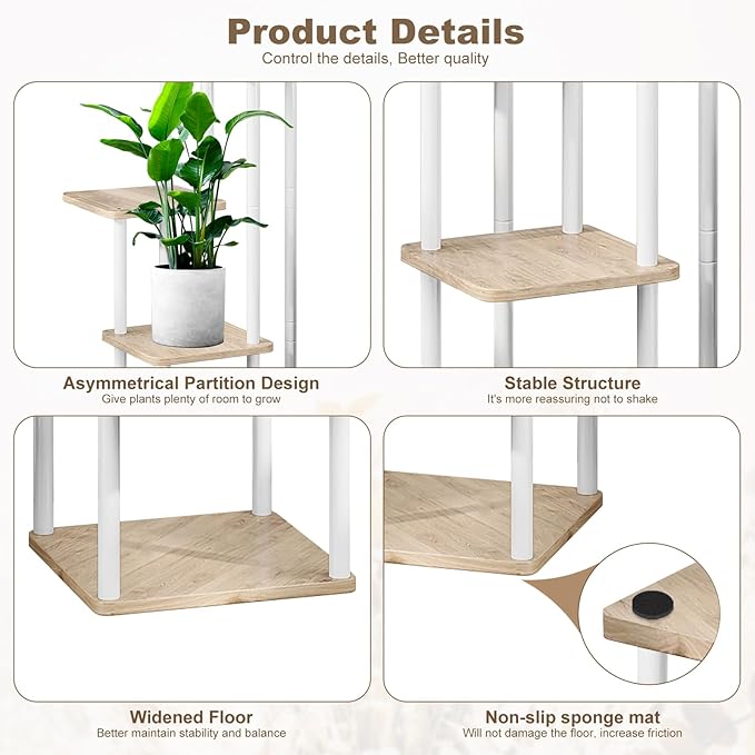 YOCOMEY 5 Tier Wood Tall Plant Stand Metal Rack Indoor, Multiple Flower Pot Holder Shelves Corner Rack, Planter Shelf Display Rack Storage Organizer for Patio Living Room Balcony Garden(White Oak)