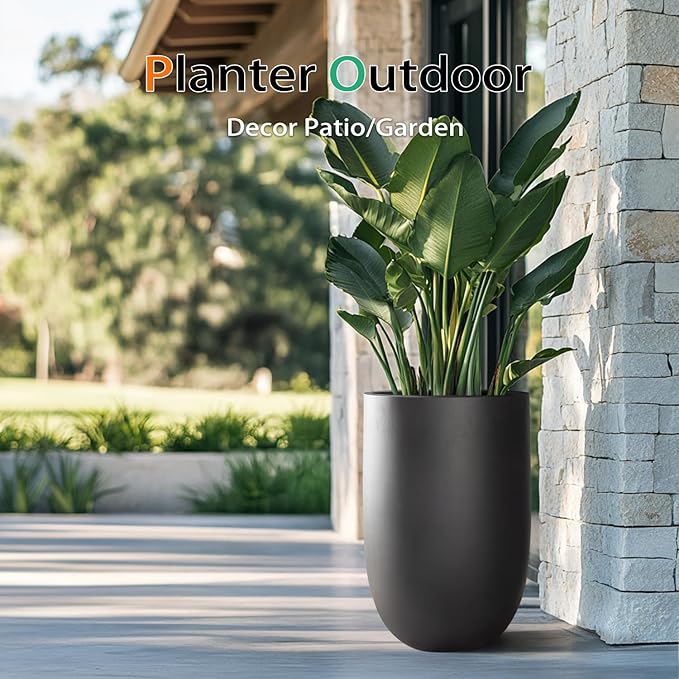 Heyzier Concrete Planter Outdoor Indoor, Large Tall Cement Plant Pots for Trees Flowers (Black, 22 inch)