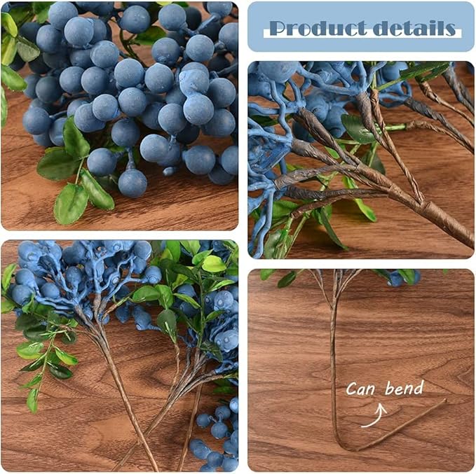 HUIANER Artificial Berries, 8 Pcs Simulation Christmas Flowers Lifelike Blueberry with Stems Fake Blueberries for Wedding DIY Bridal Bouquet Home Kitchen Party Decoration(Blue)