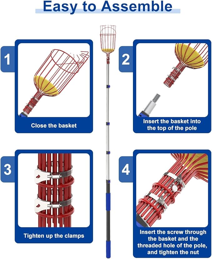 26FT Reach Fruit Picker, 5-20 Foot Sturdy Aluminum Telescoping Fruit Picker Extension Pole with Metal Twist-on Basket, Suit for Apple Pear Lemon Mango Guava Orange Avocados Tree Fruit Picking