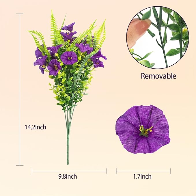 HIAGROW Spring Artificial Flowers Outdoors 12 Bundles Artificial Petunias Fake Flowers UV Resistant Shrubs Plants with Fern for Indoor Outside Hanging Planters Home Garden Decorations (Light Purple)
