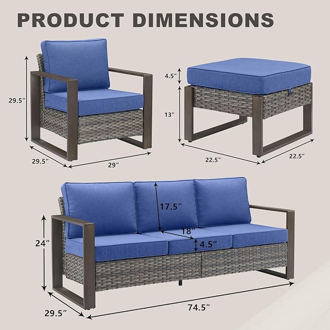 Rilyson Outdoor Wicker Patio Furniture Set - 5 Piece Patio Conversation Set with 2 Wicker Armrest Chairs,2 Rattan Ottoman and 1 Couch,Sturdy Frame,Thick Cushions,Deep Seating(Mixed Grey/Blue)