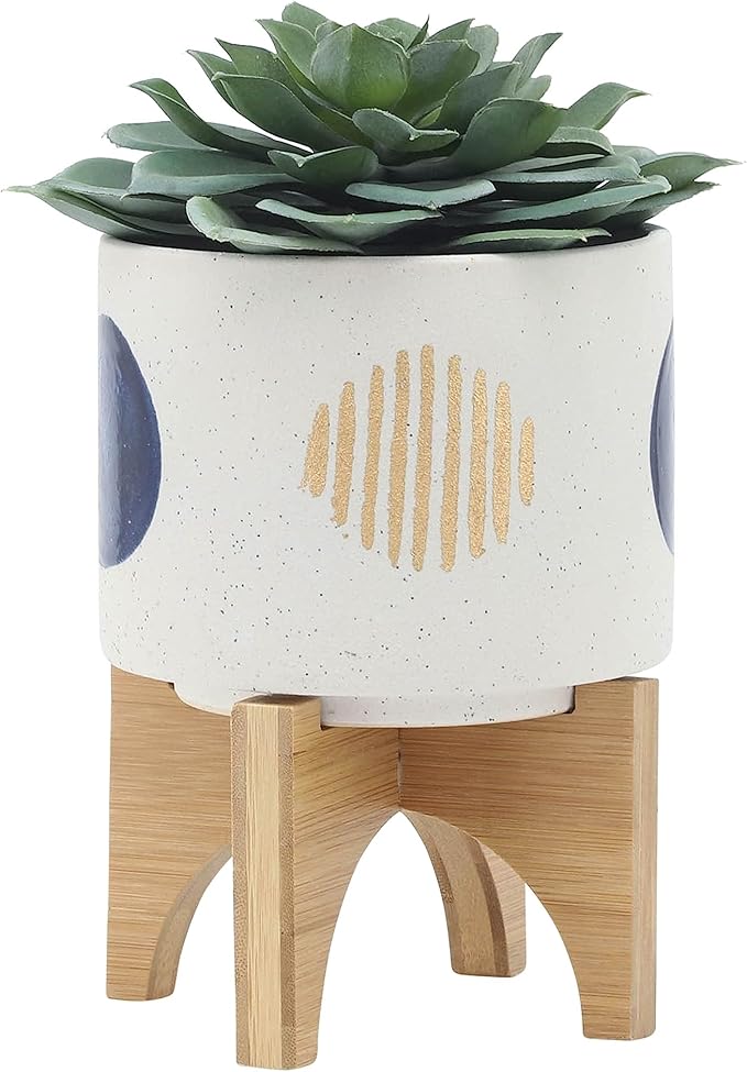 Ceramic Planter Set with Bamboo Stand – Plant Stand Indoor For Everyday Greenery, Living Room or Patio, Geometric Design Planter with Stand For Sculptural Home Decor Display – 11" 7", White