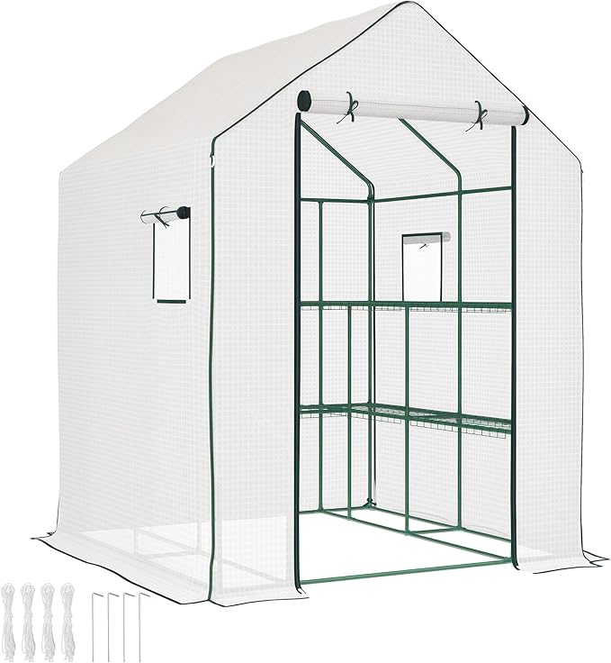 Outsunny 4.6' x 4.7' Portable Greenhouse, Water/UV Resistant Walk-in Small Outdoor Green House with 2 Tier U-Shaped Flower Rack Shelves, Roll Up Door & Windows, White